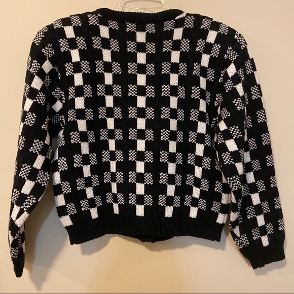 Vintage Cardigan Black and White Check Gold Button - Picture 2 of 4